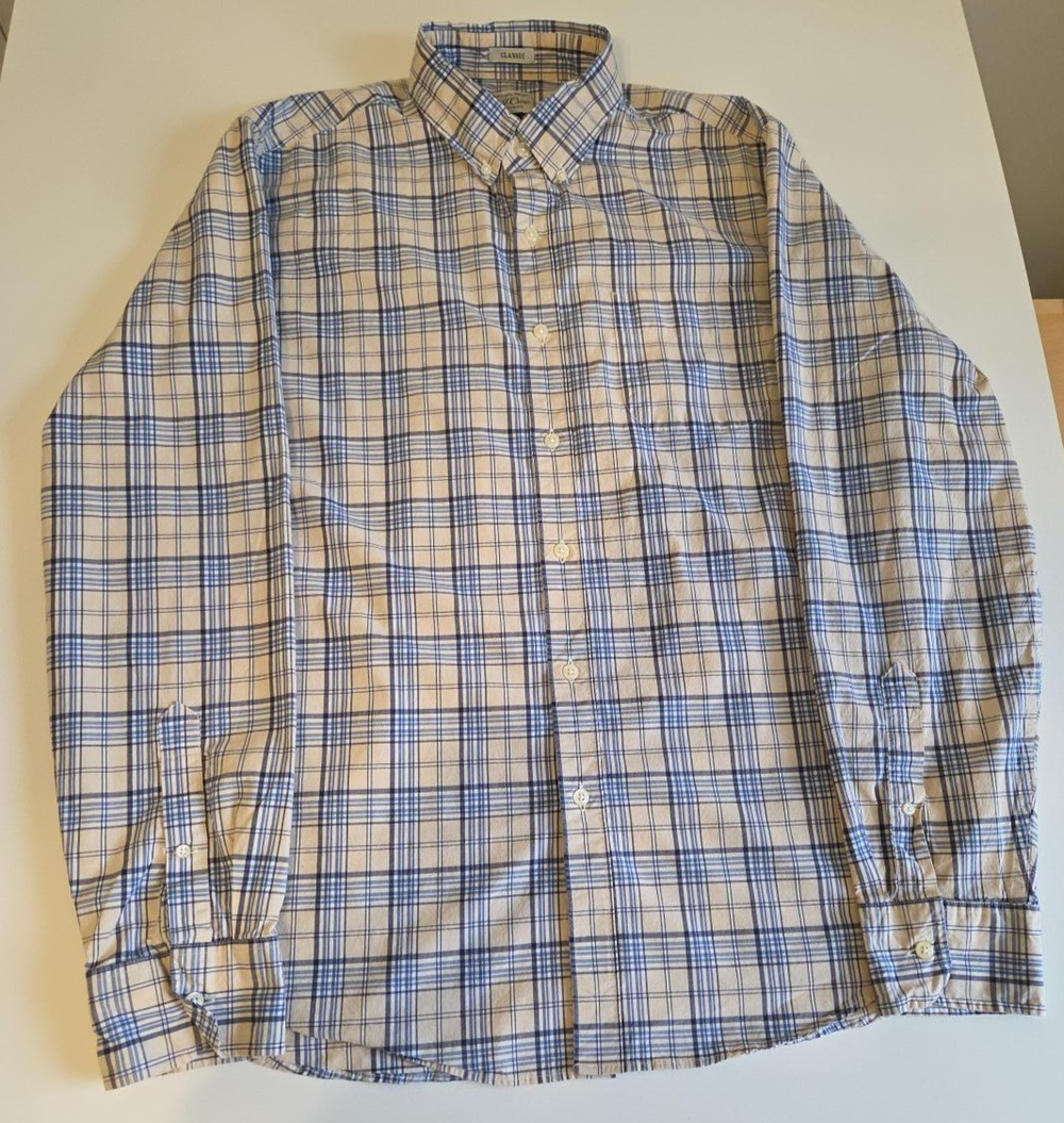 J.Crew Secret Wash Men’s L Classic Fit Cream Blue Plaid Stretch Shirt